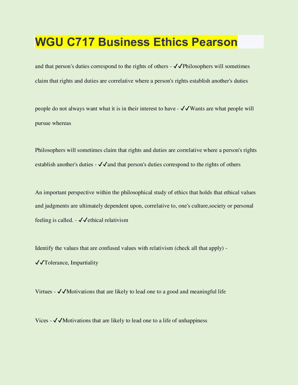 Preview image for WGU C717 Business Ethics Pearson | 70 Questions with 100% Correct Answers | Verified | Latest Update